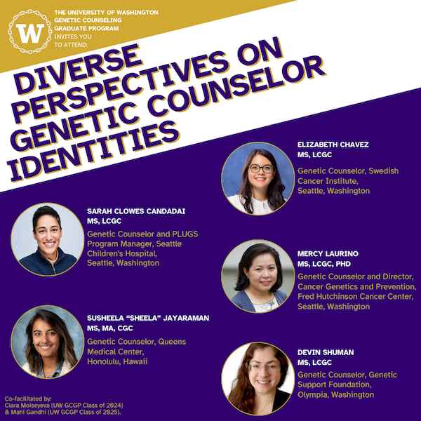 Diverse Perspectives on Genetic Counselor Identities with headshots of 5 GCs and their work titles