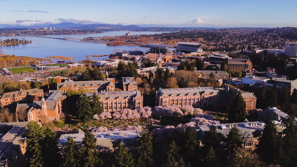 Aerial photo of the University of Washington with view of cherry blossoms in the Quad