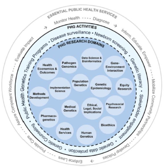 Diagram from article showing public health genetics contributions to essential public health services through research and practice
