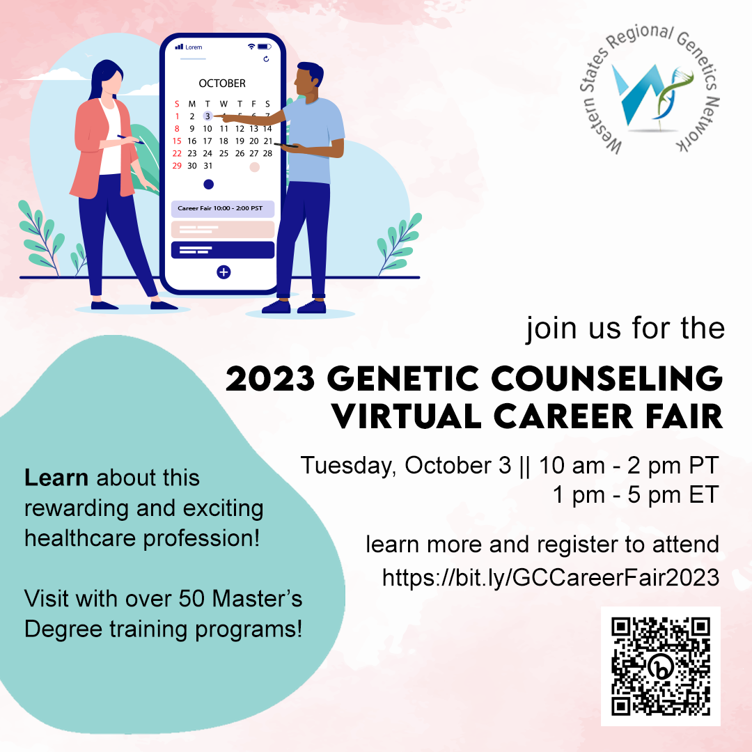 Two people looking at a calendar for the 2023 Genetic Counseling Virtual Career Fair