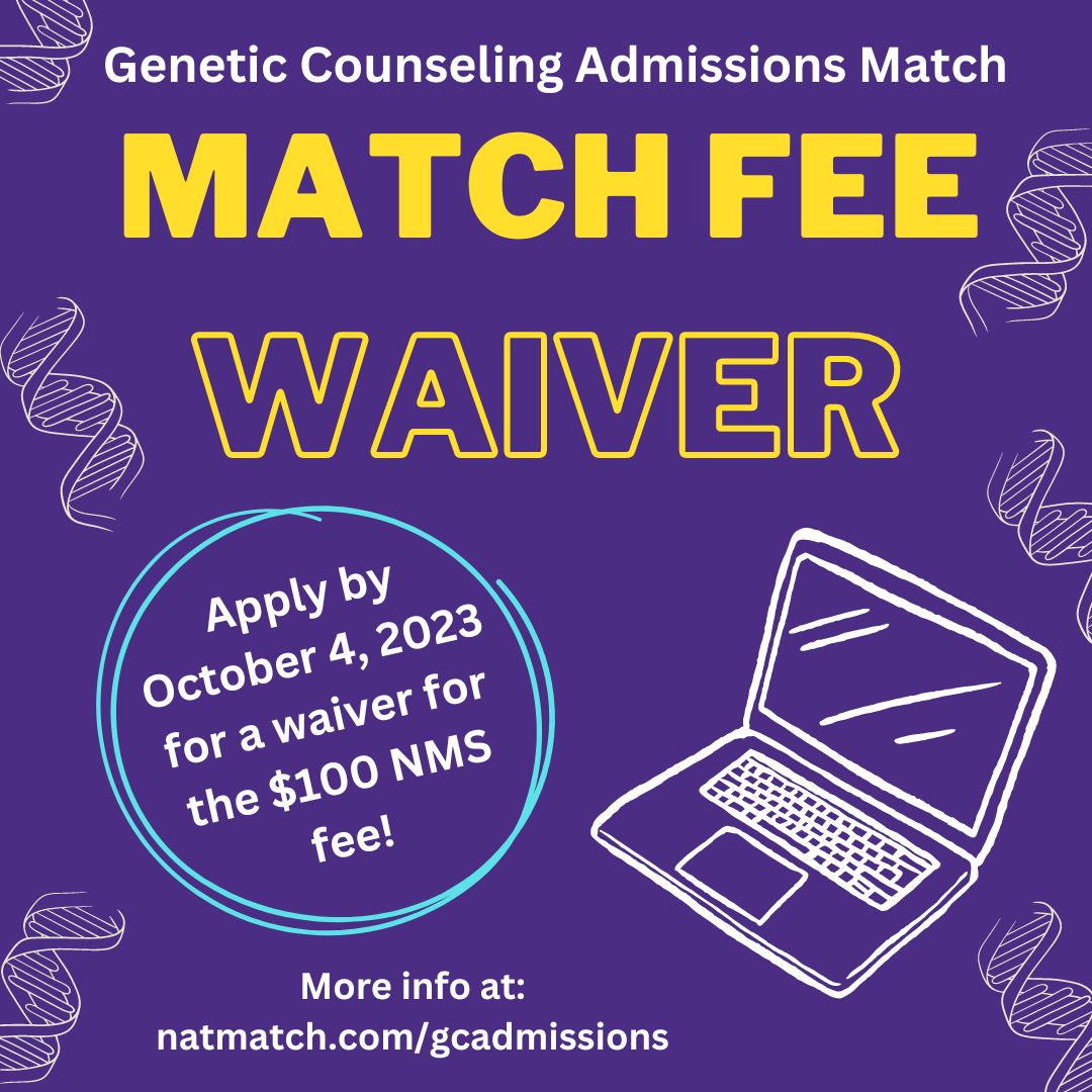 DNA illustrations on purple background with white laptop illustration and text about NMS Match Fee Waiver