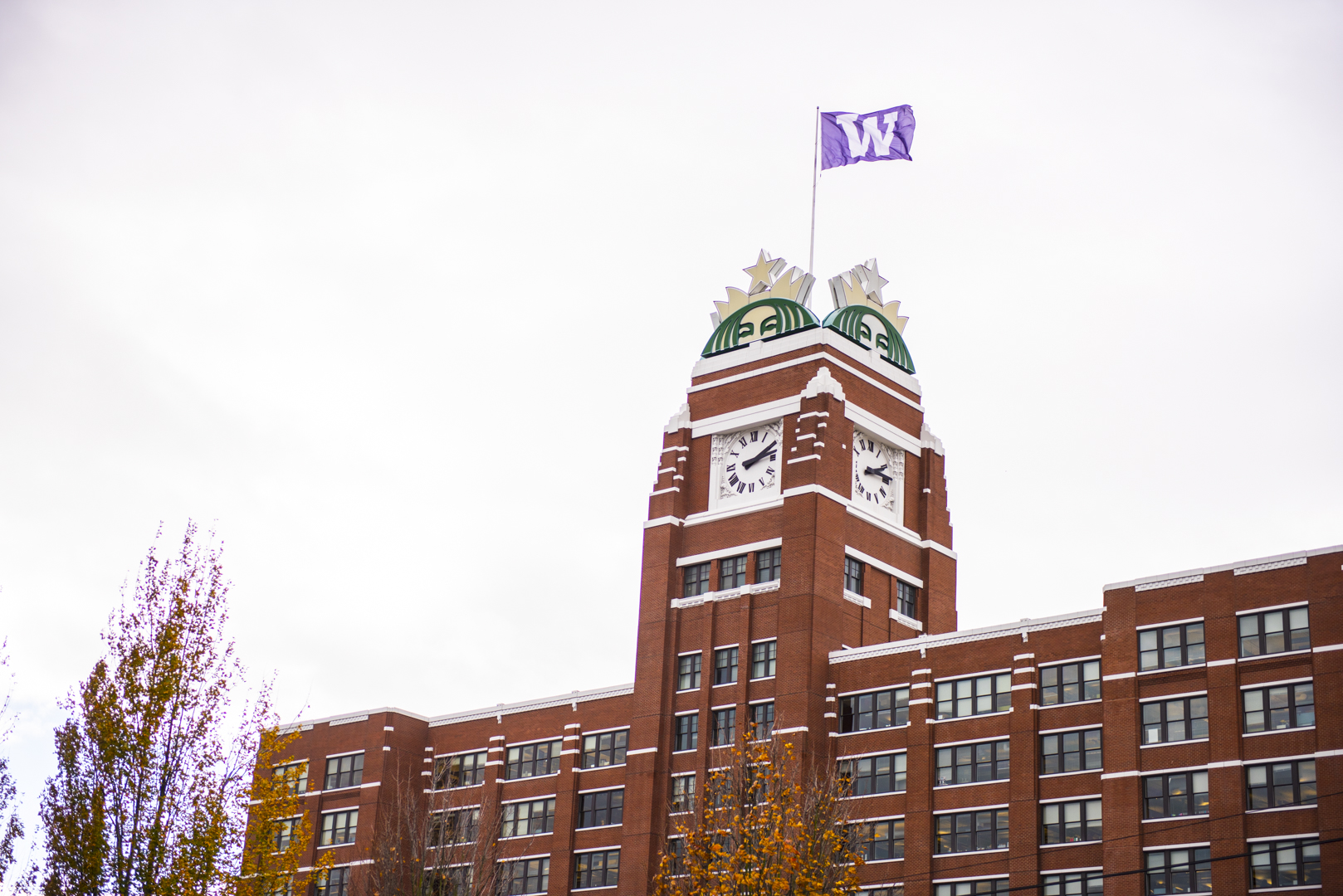 Starbucks headquarters building in SoDo with UW flag on top