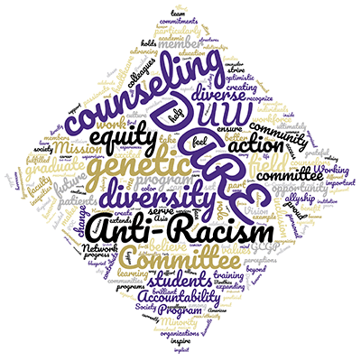 Purple and gold word salad image including diversity, anti-racism, equity
